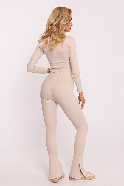 Legging côtelé long en coton beige, taille haute avec fente latérale – style parisien moderne et confection européenne 