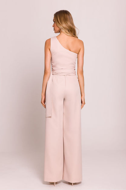 Combinaison rose poudré chic pour femme, une épaule avec rubans, confection européenne.
